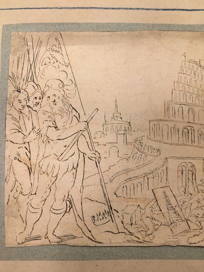 null Ecole Hollandaise vers 1700. La tour de Babel. Plume et encre noire, sanguine....