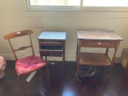 null Lot including a writing table opening by a drawer, a bedside table with marble...