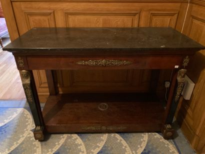 null Mahogany and mahogany veneer console opening with a drawer in the belt decorated...