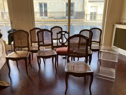 null Lot including seven caned chairs, a chair with lyre back and a plexiglass sofa...