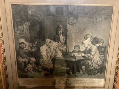 null Engraving after the painting "The Father of the family reading the Bible to...
