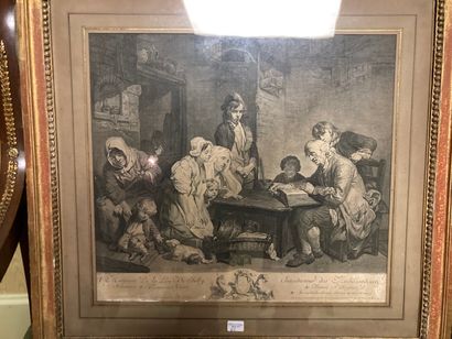 null Engraving after the painting "The Father of the family reading the Bible to...