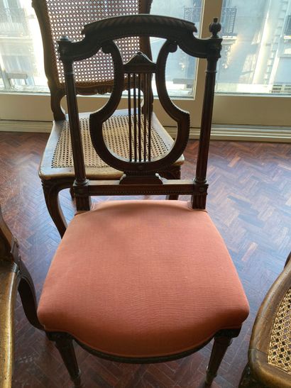 null Lot including seven caned chairs, a chair with lyre back and a plexiglass sofa...