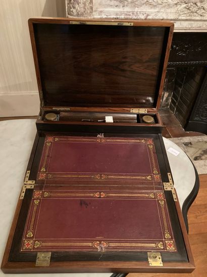 null Writing case in lemon tree and rosewood veneer with scroll decoration, gilded...