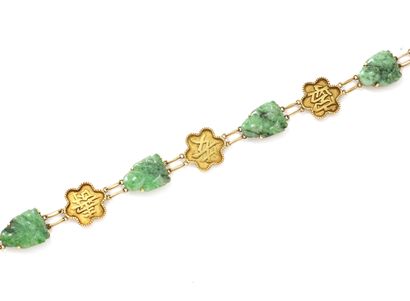 null Bracelet en or 750 millièmes, composé de petits Bouddhas en jade gravé, intercalés...