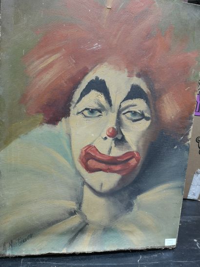 null Lot de trois portraits comprenant : -Portrait de clown. Huile sur toile portant...