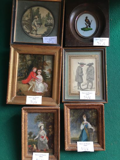 null Lot of 6 small framed: Woman in a park (x2), Gallant scene, Two men, Bird fixed...