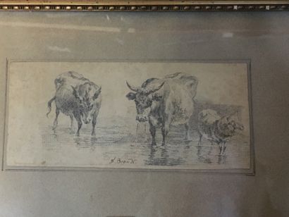 null Ecole vers 1800, Etude de vaches et mouton, crayon, signé en bas au centre J....