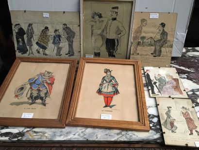 null Lot of 7 humorous engravings and caricatures, including two woodcuts Puss in...