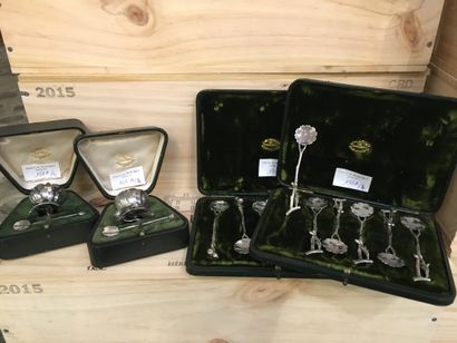 
12 silver coffee spoons and 2 silver saltcellars,...