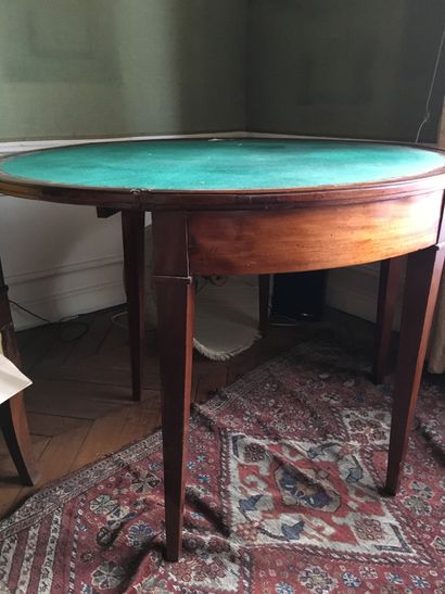 Half moon game table with sheath base, mahogany...