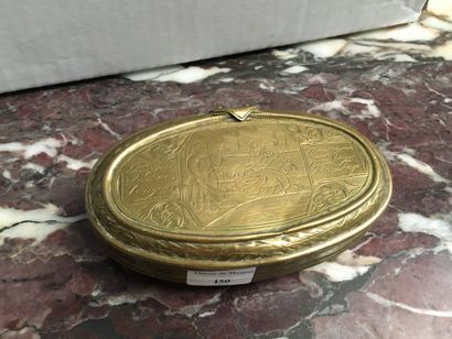 Oval brass tobacco box engraved with a bear...