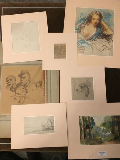 null Pochette noire comprenant divers dessins et gravures dont paysages aquarellés,...