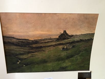 null Edouard DORREE, Deux paysages, Pierre noire et aquarelle 24,5x37cm