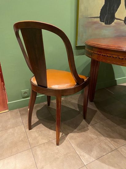null Suite of six dining room chairs, gondola back, imitation leather upholstery

Circa...