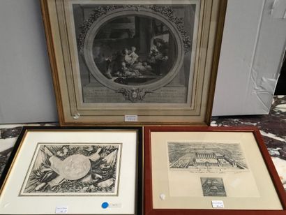null Lot of three engravings: View of the castle of Courances, Trophée d'armes after...