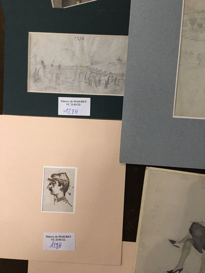 null Carton comprenant divers dessins et gravures dont : militaria, paysages XIXe,...