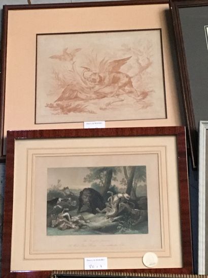 null Lot of 7 hunting engravings: after Demarteau Dog attacking a swan; Wild boar;...