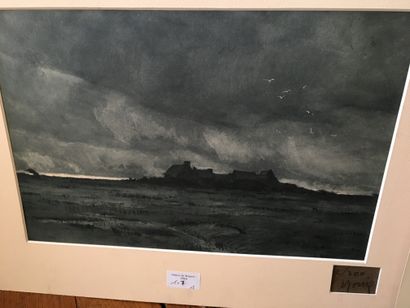 null Edouard DORREE, Deux paysages, Pierre noire et aquarelle 24,5x37cm