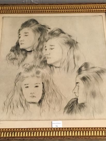 null Paul César HELLEU (1859-1927), Les lionnes, pointe sèche, signée en bas à gauche...