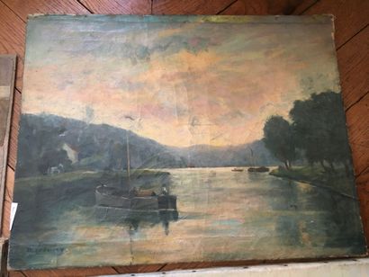 null Lot of 4 oils: School XXth century, Landscape with a boat bearing signature,...