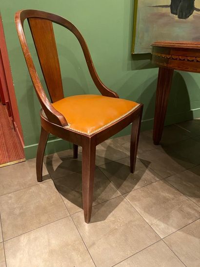 null Suite of six dining room chairs, gondola back, imitation leather upholstery

Circa...