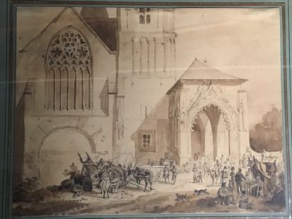 null Ecole du XIXe, Scène animée près d'une église, crayon et lavis, 20x26 cm