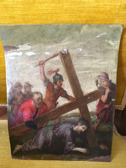 null Ecole du XVIIIème siècle, Le portement de croix, huile sur cuivre 22x17cm (gondolée,...