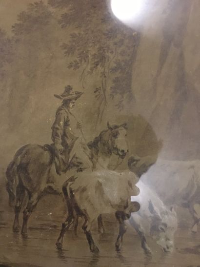 null 19th century school, Country scenes, pair of sepia washes and white chalk highlights,...