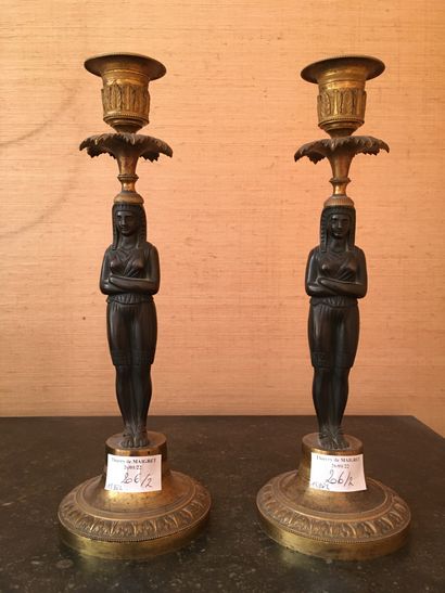 null Paire de flambeaux en bronze patiné et doré, décor à l'égyptienne

ht 29 cm...