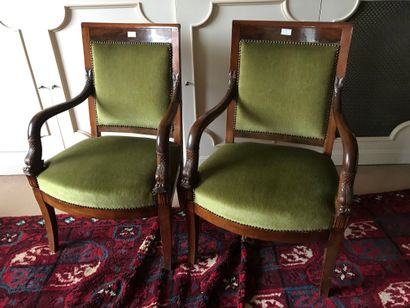 null Ref 51 and 82 / Pair of mahogany and mahogany veneered armchairs with dolphin...