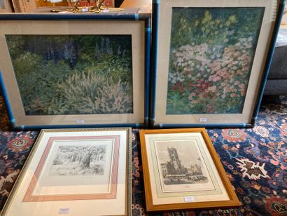 null 
Lot de 4 encadrés : Gravure Vue de Nantes + sous bois + deux pastels Elisabeth...