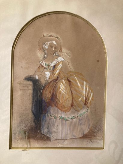 null 
C. K. (actif au XIXe siècle). Une femme en robe du XVIIIe siècle Plume et encre...