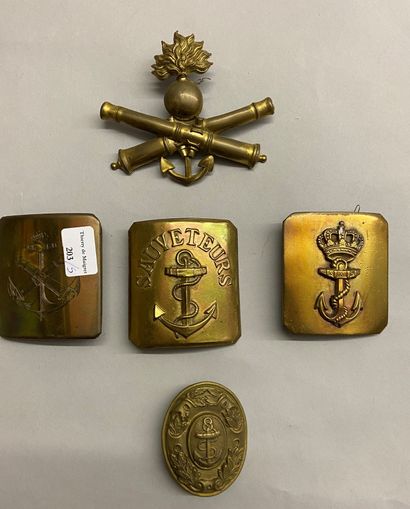 Five naval brassware, four belt trays and...