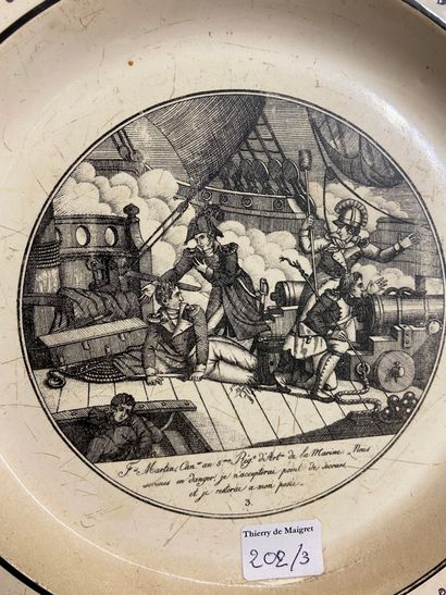 null Assiette de Creil polychrome représentant une scène de port avec deux marins;...
