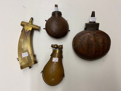 A large Asian powder flask, round, in wood...