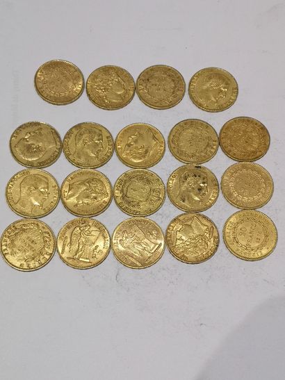 19 pièces de 20 Francs or; différentes époques 
Usures 