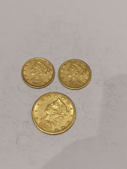  Lot de 3 pièces en or comprenant : Pièce de 10 dollars or modèle Liberté datée 1902...