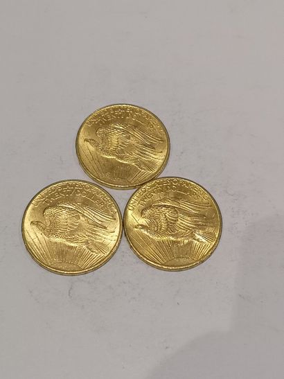  3 pièces de 20 dollars modèle St Gaudens datées 1908 
Usures 
