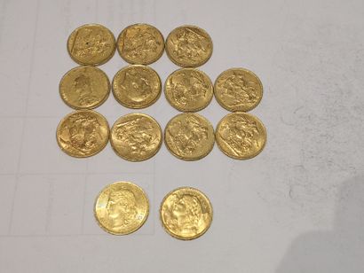 null 
Lot de 13 pièces en or comprenant :



11 Souverains or


2 pièces de 20 Francs...