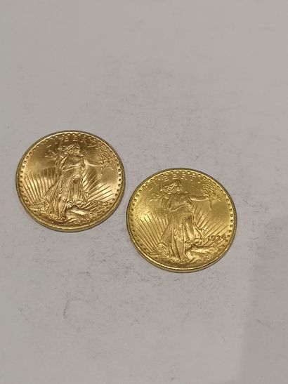  2 pièces de 20 dollars modèle St Gaudens datées 1923 et 1924 
Usures 