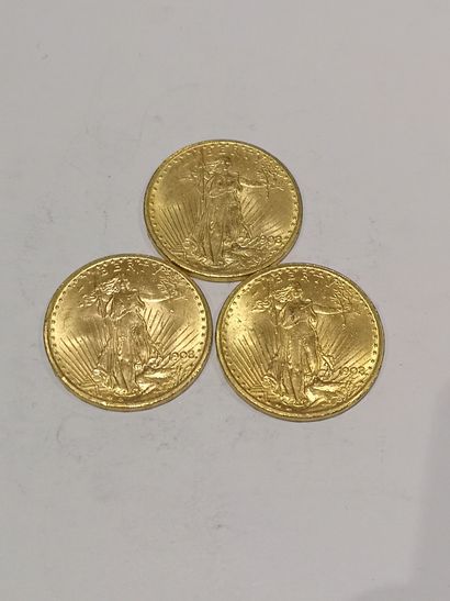  3 pièces de 20 dollars modèle St Gaudens datées 1908 
Usures 
