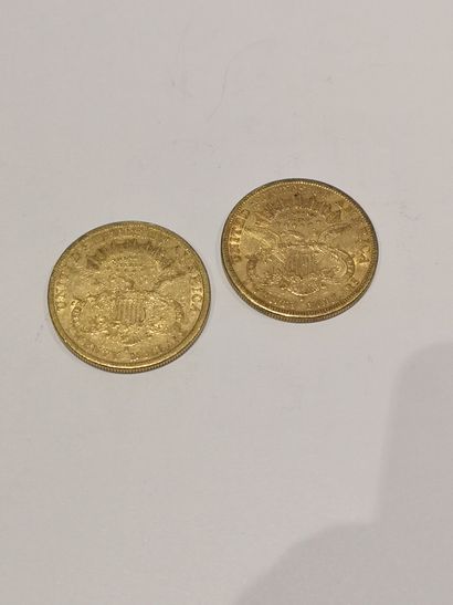  2 pièces de 20 dollars modèle Liberté datées 1877 et 1879 
Usures 