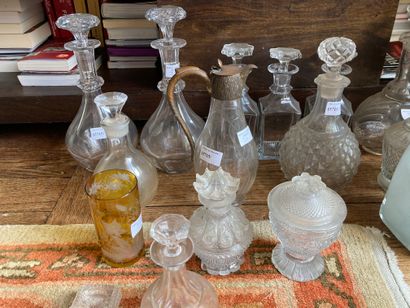 null glassware lot: carafe, jug, falcon, vase, Bohemian glass 

Chips Lot sold as...