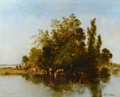 Paul VEYRON (1796-1875) Troupeau en bord de rivière
Huile sur panneau signée en bas...