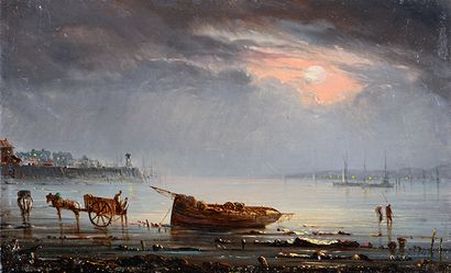 Henriette GUDIN (1825-1876) Marine au crépuscule
Paire d'huiles sur panneau signée...