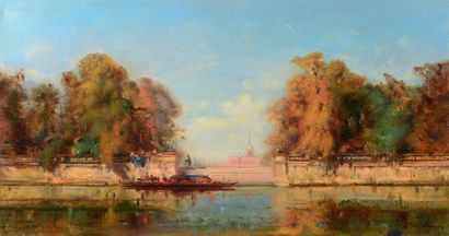 Henri DUVIEUX (1855-1902) L'embarcadère à la fabrique
Huile sur toile signée en bas...