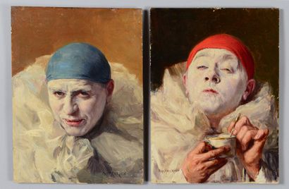 Armand HENRION (1875-1958) Autoportrait à la tasse de thé
Clown au bonnet bleu
Paire...