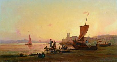 Paul BISTAGNÉ (1850-1886) Pêcheurs au crépuscule
Huile sur toile signée en bas à...