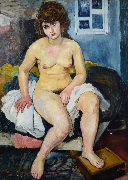 MARCEL FRANCOIS LEPRIN (1891-1933) Nude seated with white sheet
Oil on canvas, signed...